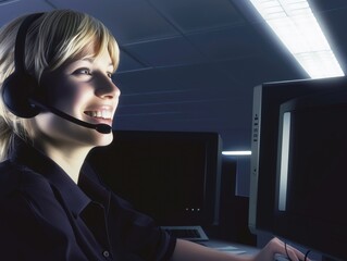 Engaged in Assistance: Female Support Specialist at Call Center Desk