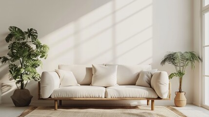 A white couch sits in front of a window with a potted plant. The room is bright and airy, with a white wall and a white rug