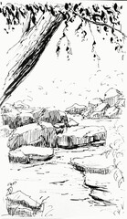 Hand drawn illustration of a creek