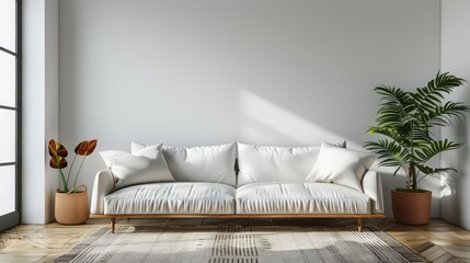 A white couch sits in a room with a large window and a potted plant. The room is empty and has a minimalist feel