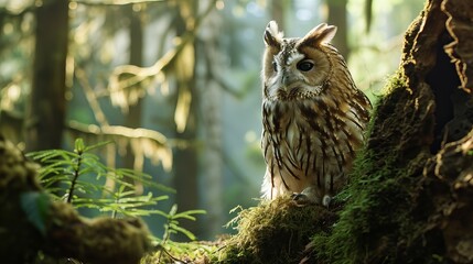 Majestic Owl Perched on Moss-Covered Tree Roots in Sunlit Forest - obrazy, fototapety, plakaty