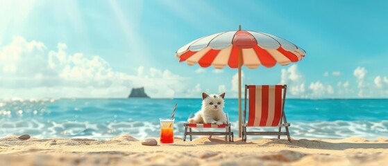 Cute dog and cat resting and relaxing on the beach chair under umbrella with juice at the beach ocean shore, on summer vacation holidays. 3d rendering