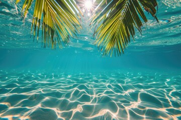 Fototapeta na wymiar Tranquil Oasis: Reflective Blue Waters and Palm Silhouettes