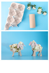 sheep made out egg carton box, empty toilet paper roll tube and flowers, process art, cut out of...