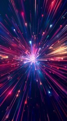 explosion of neon lights in abstract speed burst depicting fast motion and energy, warp speed travel through a neon light tunnel in a vivid dynamic space journey