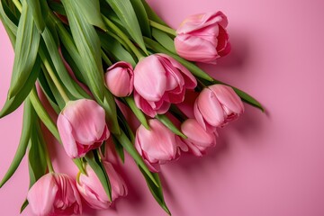 Pink tulip on copy space pink background.