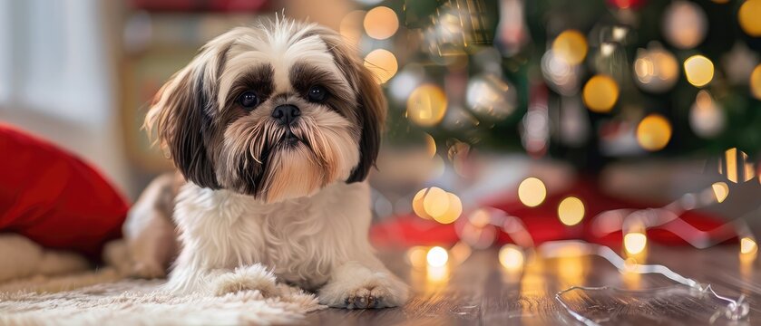 Cute Shih Tzu dog Crouching near the Christmas tree,health dog.