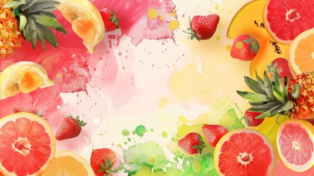 Fresh fruit background with splash watercolor. Copy-space. Freshness. Summer time. Desktop wallpaper