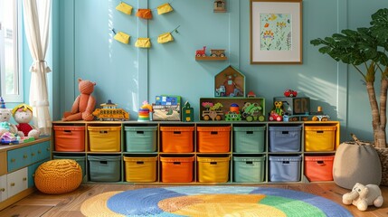 Bright and colorful children's playroom with organized toy storage bins and cozy decor.