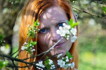 Portrait of beauty young redhead woman in cherry blossom orchard front view