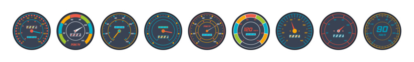 Set of car speedometer level indicator icons isolated on white background. Engine speedometer icons set in flat design. Vector illustration