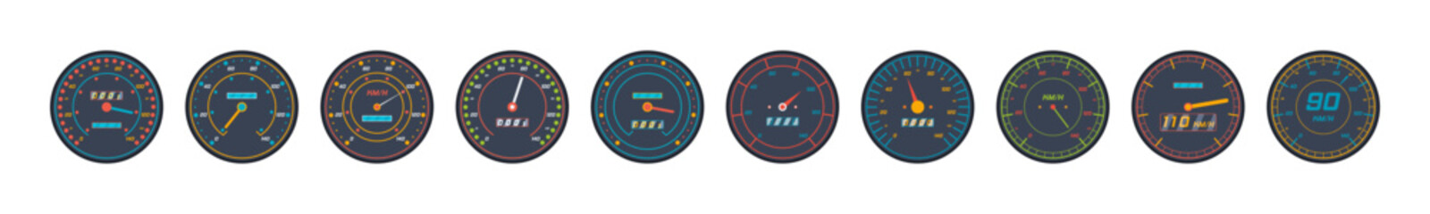 Set of car speedometer level indicator icons isolated on white background. Engine speedometer icons set in flat design. Vector illustration