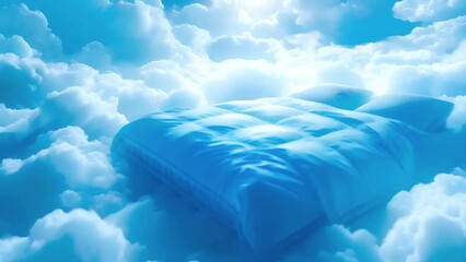 Serene footgage with bed in soft clouds against a bright blue sky conveys tranquility, peaceful sleep, and comfort, ideal for marketing premium bedding or relaxation services