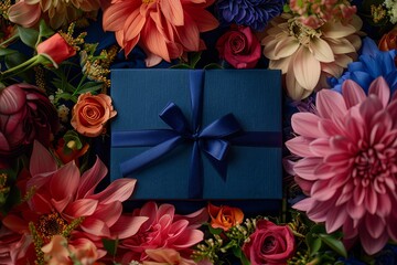 Luxurious Navy Gift Box Surrounded by Colorful Flowers, Direct Overhead Shot