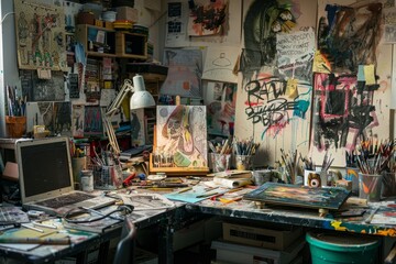 Busy Artistic Corner, Brimming with Creative Chaos