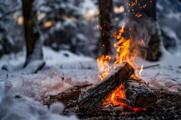 Closeup of a Warm Campfire in a Snowy Forest