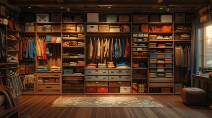 Well-organized walk-in closet featuring a variety of clothes and accessories with a warm, inviting ambiance.