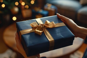 Gifting a Luxurious Present with Golden Bow - obrazy, fototapety, plakaty