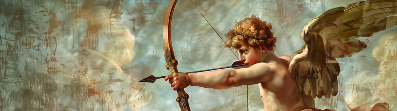 Watercolour oil painting of Cupid the Roman god of love who's Greek equivalent is Eros, for use as a Valentine Day's card or flyer, stock illustration image