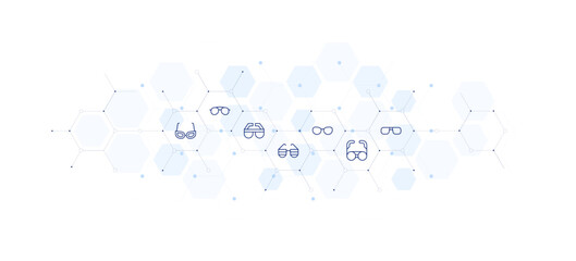 Sunglasses banner vector illustration. Style of icon between. Containing eyeglasses, heartglasses, hot, sunglasses.