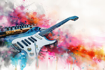 Abstract distressed watercolour painting of an electric guitar and piano keyboard synthesiser for a music poster or flyer, stock illustration image - obrazy, fototapety, plakaty