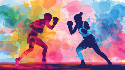 Abstract illustration of female boxers wearing boxing gloves exercising their punching technique for a championship match in a canvas ring, stock illustration image