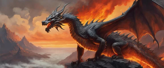 Foto op Canvas A dragon is standing on a rocky mountain top with its mouth open, surrounded by a fiery landscape © Евгений Гончаров