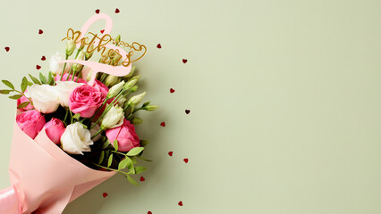 Flat lay composition with bouquet of flowers on green background. Happy Mothers Day banner design.