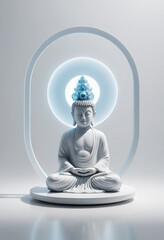 a Futuristic lord Buddha, hologram, floating, minimalism, white studio setting in editorial photography, hyper realistic