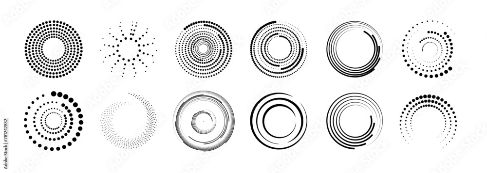 Wall mural halftone circular dotted frames set. set of black thick halftone dotted speed lines. speed lines in 