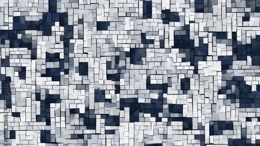 Poster chaotic dark blue and white geometric pattern with squares and rectangles for abstract design