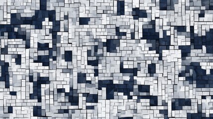 Chaotic dark blue and white geometric pattern with squares and rectangles for abstract design