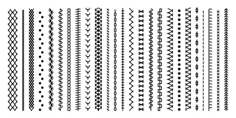 Different types of machine black stitch brush pattern for fasteners, dresses garments, bags, clothing and accessories. Set of sewing machines for embroidery. Embroidery cloth edge texture. Vector