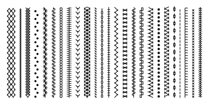 Different types of machine black stitch brush pattern for fasteners, dresses garments, bags, clothing and accessories. Set of sewing machines for embroidery. Embroidery cloth edge texture. Vector
