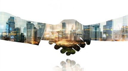 closeup business handshake double exposure, left hand shop or modern building and right hand...