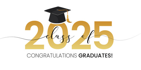 Class of 2025, word lettering script banner. Congrats Graduation lettering with academic cap. Template for design party high school or college, graduate invitations.