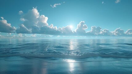 Peaceful ocean waters extend towards the horizon under a sky of fluffy white clouds, illuminated by the gentle rays of the sun. Generative AI - obrazy, fototapety, plakaty