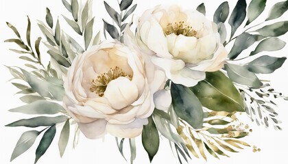 A painting of two white flowers with green leaves. The painting has a serene and peaceful mood, with the flowers and leaves creating a sense of calmness and tranquility - obrazy, fototapety, plakaty