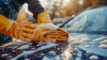 Hand Washing Blue Car Hood with Sudsy Cloth