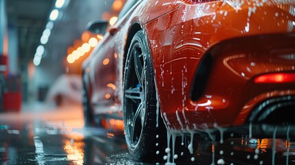 Rear View of Red Sports Car in Automated Car Wash - obrazy, fototapety, plakaty