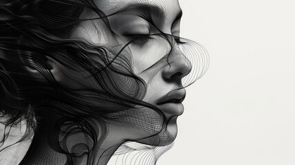 An artistic representation of a woman's profile using black and white line art, creating a flowing, organic effect. Generative AI