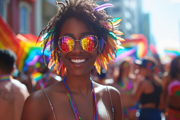 happy black smiling bisexual lesbian woman in a crowd of people at street LGBT parade pride in summer demonstration - obrazy, fototapety, plakaty