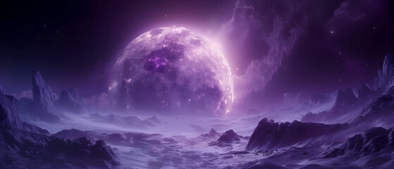 Naklejka na ściany i meble Land scape of rocky planet with gigantic glowing purple moon background, sci-fi fantasy movies theme
