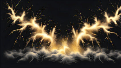 Vibrant gold lightning bursts on black background, dynamic explosion on dark canvas, striking gold paint burst on black surface, golden lightning vibrant splatter on ebony background(Generative AI)