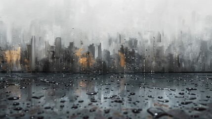 Raindrops speckle the glass foreground with an obscured city silhouette in the backdrop, evoking a mood of urban rain. Generative AI - obrazy, fototapety, plakaty