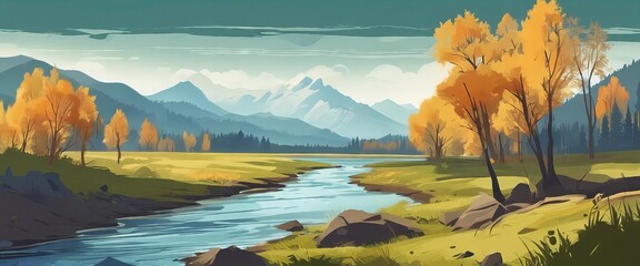 A beautiful landscape with a river running through it. The trees are orange and the sky is blue