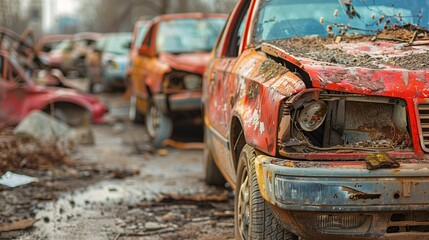 Rusty Abandoned Car in Desolate Junkyard - obrazy, fototapety, plakaty