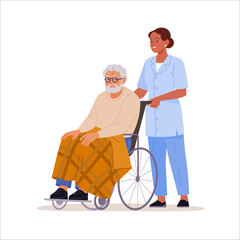 Disabled seniors support. Vector illustration in flat cartoon style of elderly bearded man in a wheelchair and a nurse helping him. Isolated on white background.