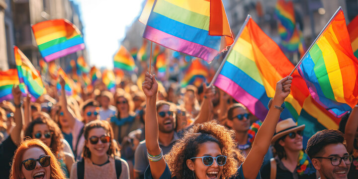 crowd of happy people with rainbow flags at LGBT parade pride in festival march on the street in summer