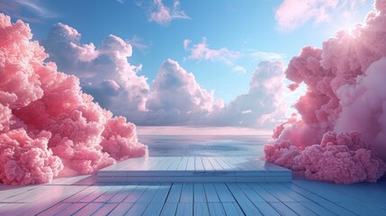 wooden terrace with beautiful view blue sky and pink cloud, copy space for display of product or object presentation and advertisement concept